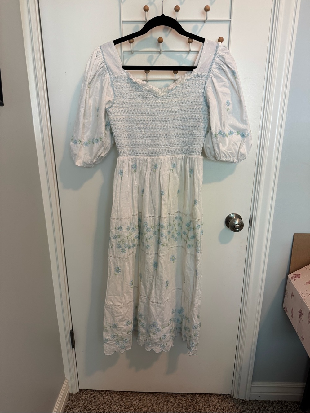 Ivy City Co White Midi Dress with Light Blue Embroidery